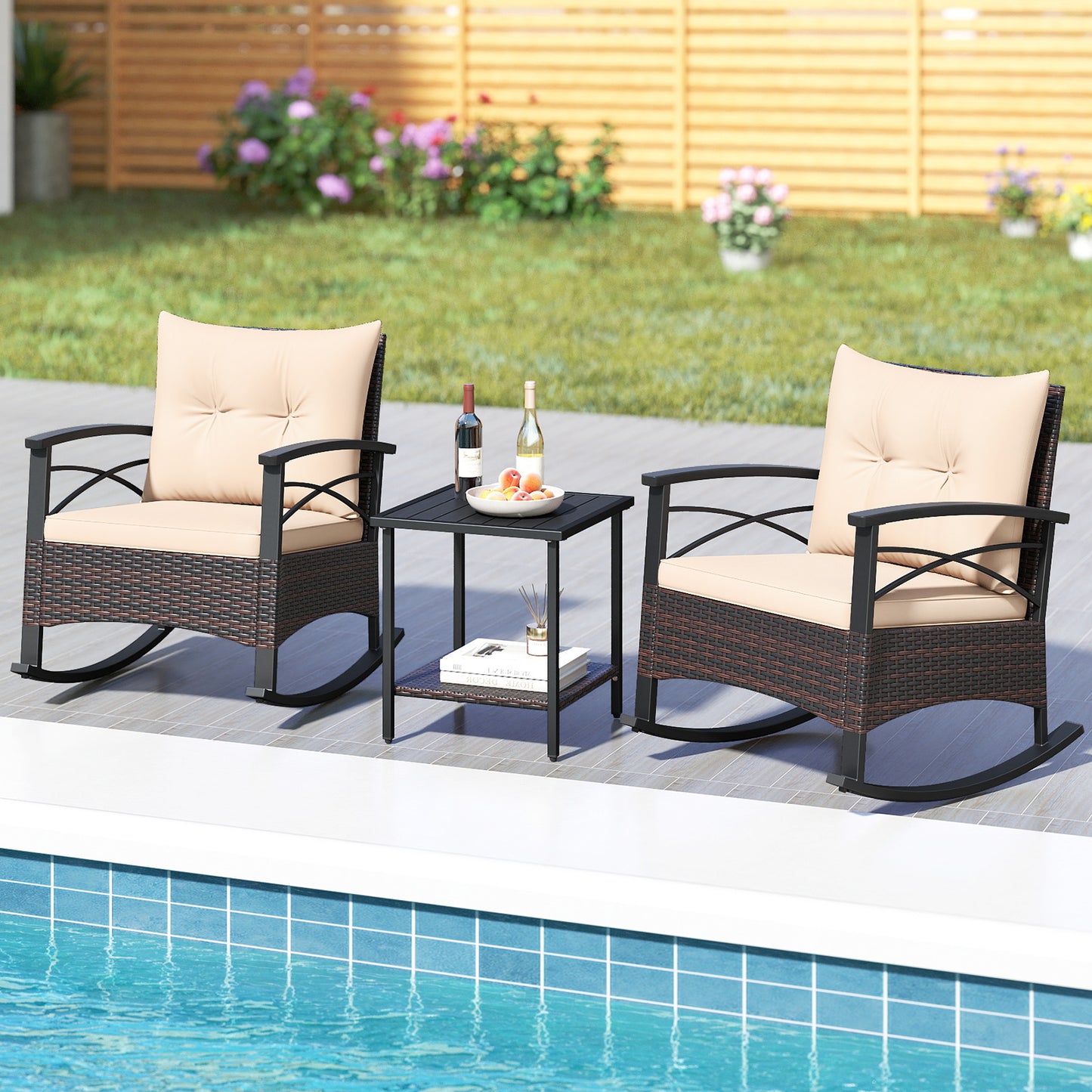3 Piece Rocking Bistro Set PE Rattan Rocker Chairs with Acacia Wood Top Table-Beige