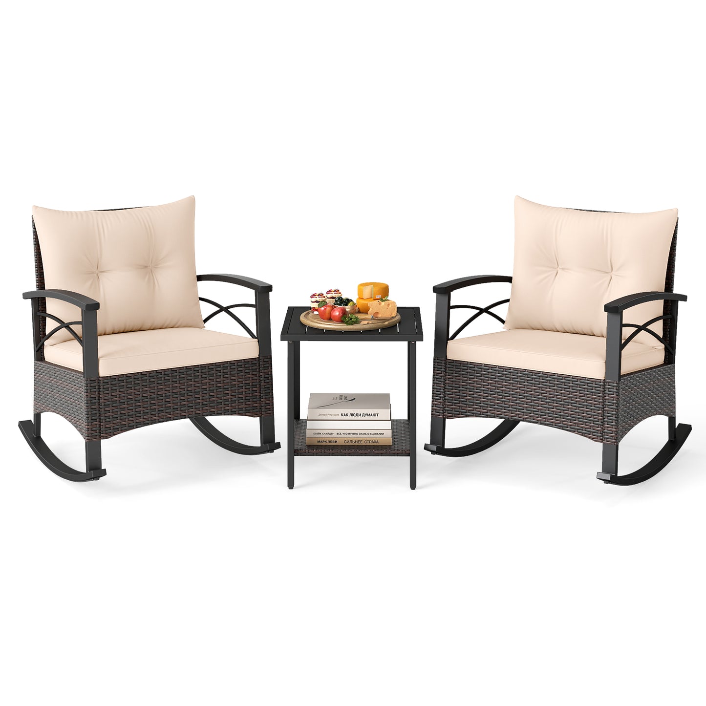 3 Piece Rocking Bistro Set PE Rattan Rocker Chairs with Acacia Wood Top Table-Beige
