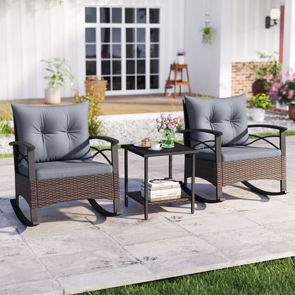 3 Piece Rocking Bistro Set PE Rattan Rocker Chairs with Acacia Wood Top Table-Gray