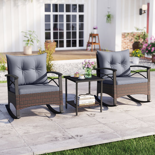 3 Piece Rocking Bistro Set PE Rattan Rocker Chairs with Acacia Wood Top Table-Gray