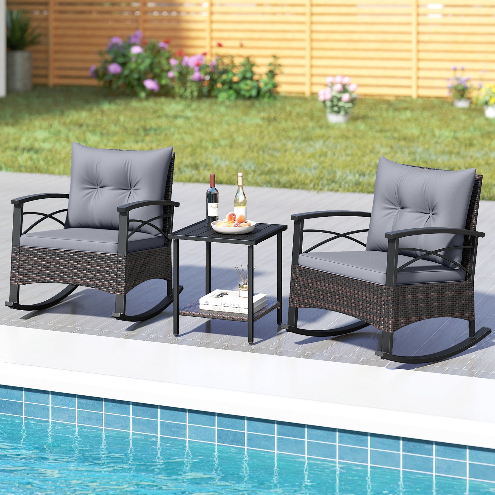 3 Piece Rocking Bistro Set PE Rattan Rocker Chairs with Acacia Wood Top Table-Gray