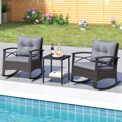 3 Piece Rocking Bistro Set PE Rattan Rocker Chairs with Acacia Wood Top Table-Gray