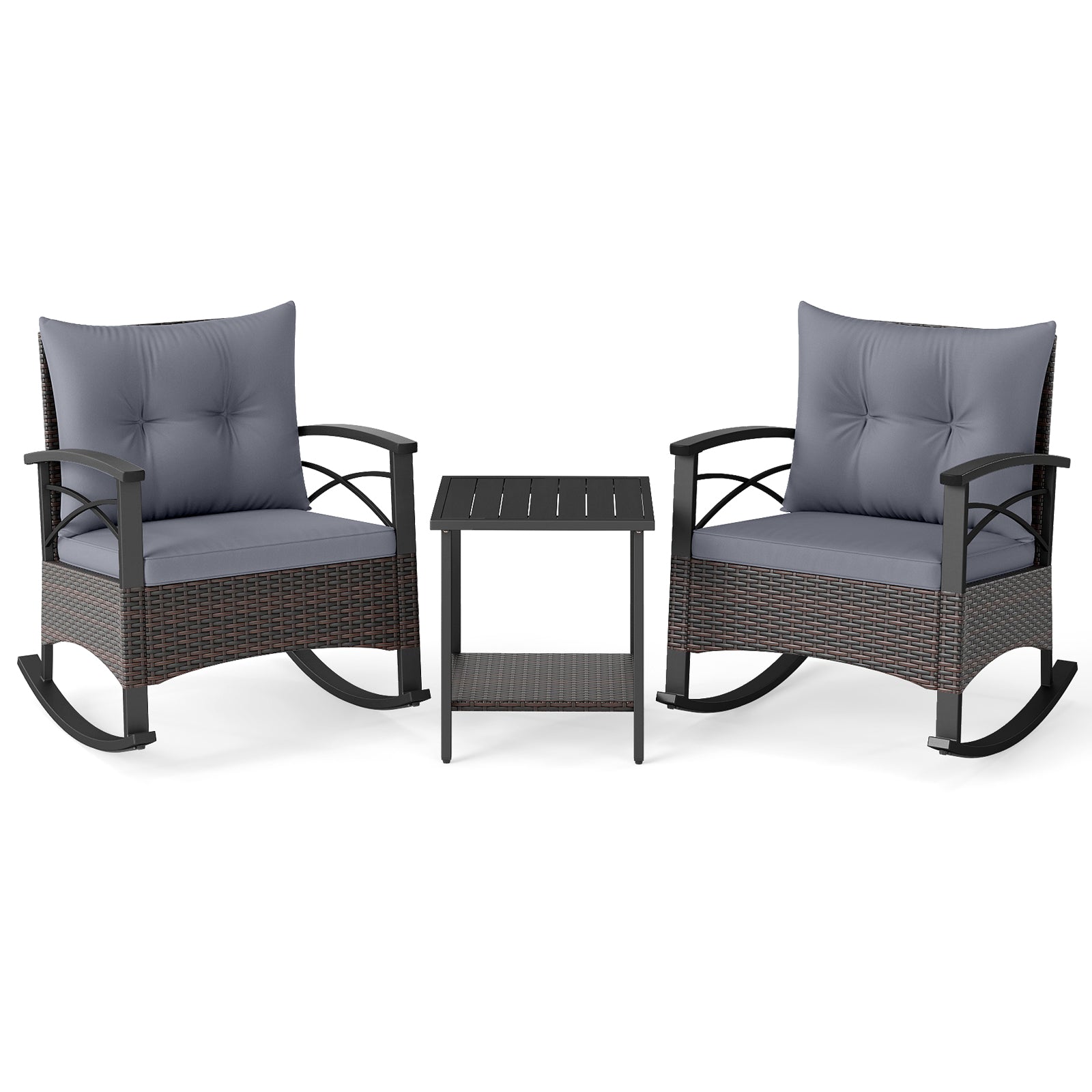 3 Piece Rocking Bistro Set PE Rattan Rocker Chairs with Acacia Wood Top Table-Gray