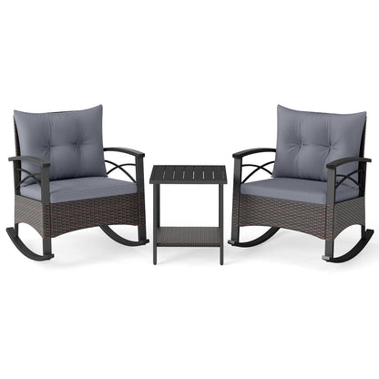 3 Piece Rocking Bistro Set PE Rattan Rocker Chairs with Acacia Wood Top Table-Gray