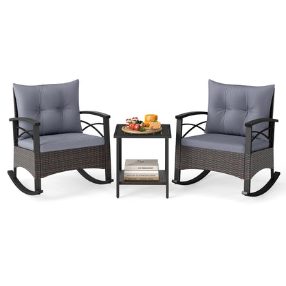 3 Piece Rocking Bistro Set PE Rattan Rocker Chairs with Acacia Wood Top Table-Gray