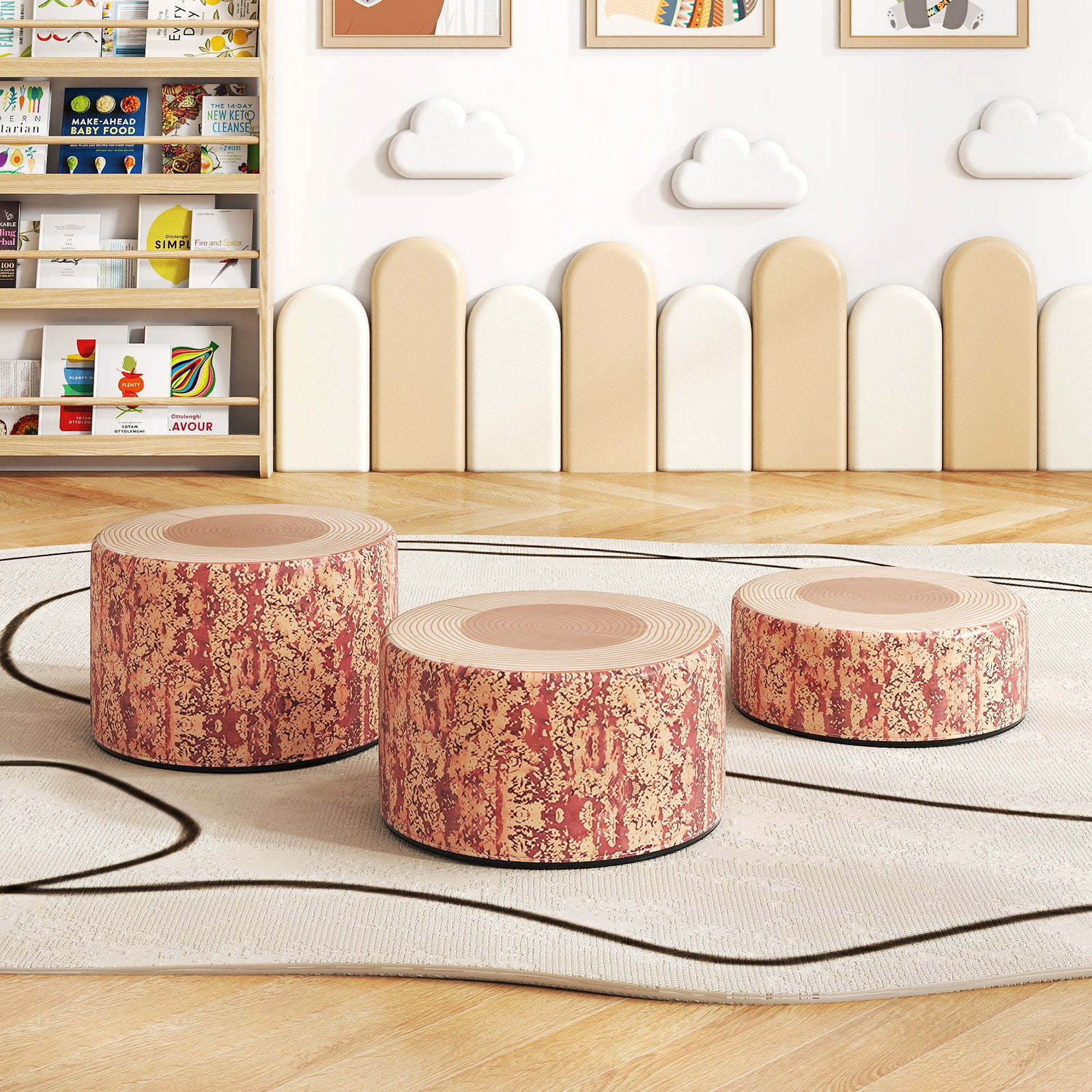 3-Piece Tree Stump Stool Set with Wood Printing Nature Decoration-Dark Walnut