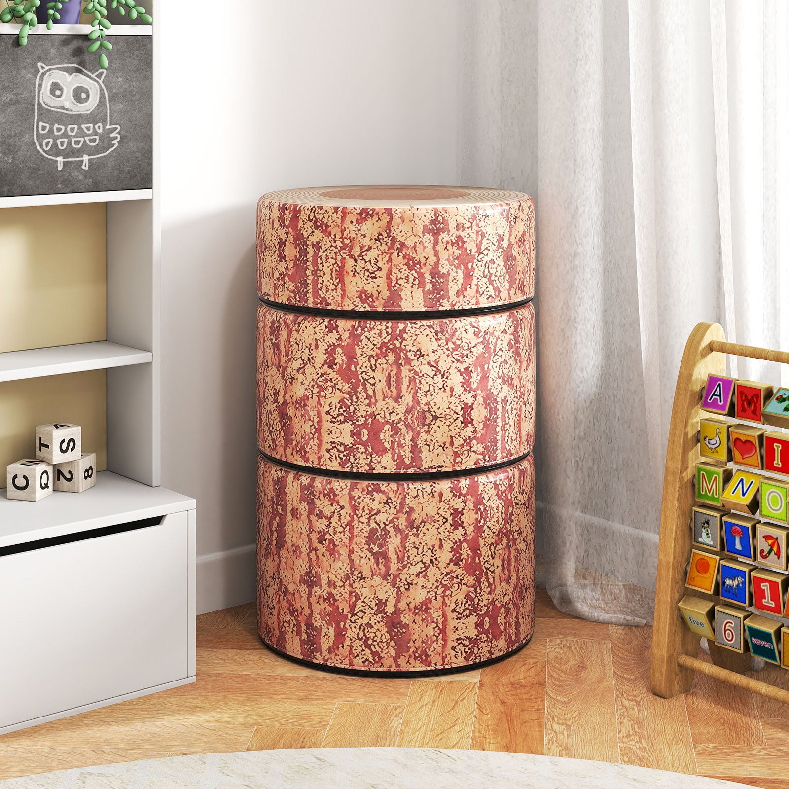 3-Piece Tree Stump Stool Set with Wood Printing Nature Decoration-Dark Walnut