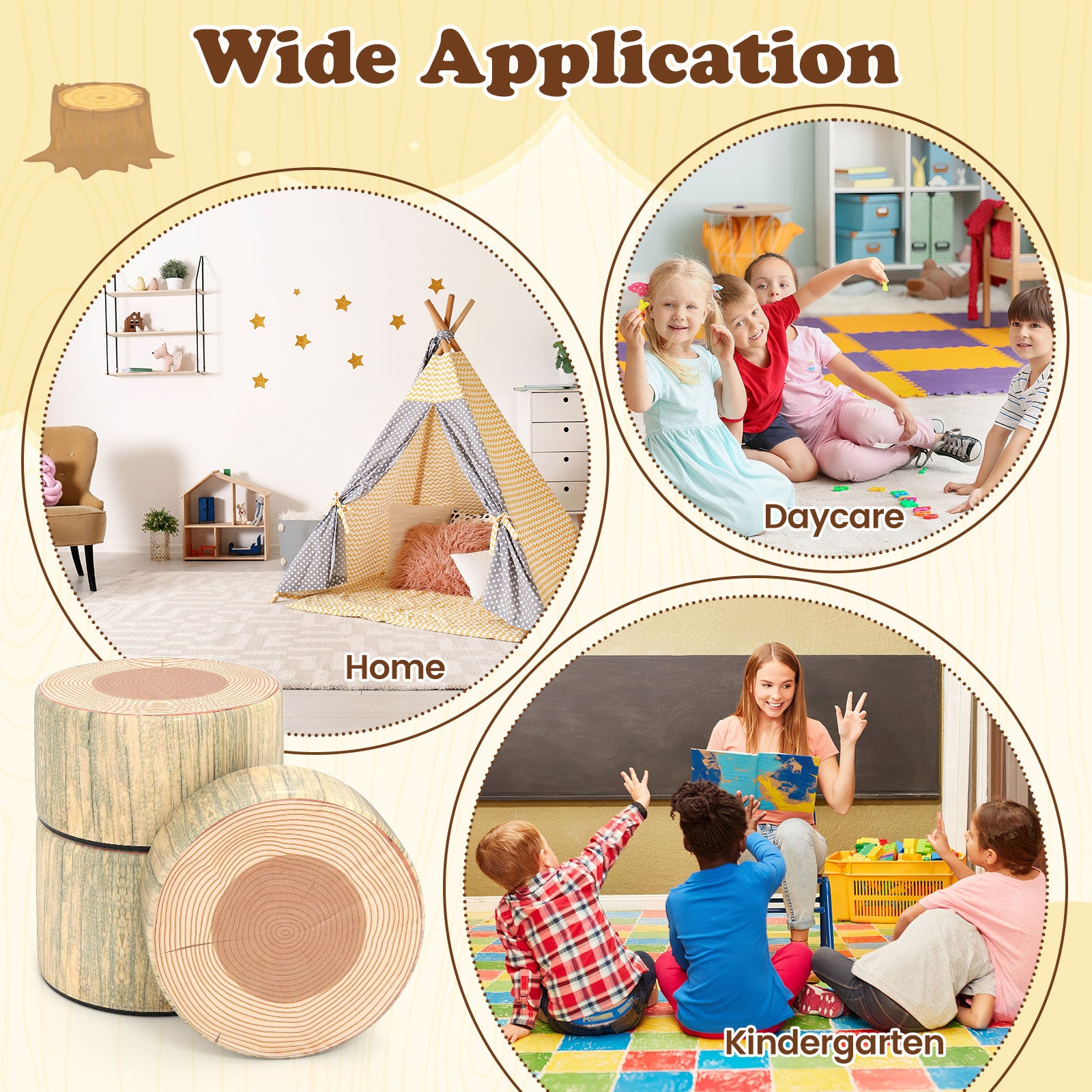 3-Piece Tree Stump Stool Set with Wood Printing Nature Decoration-Natural
