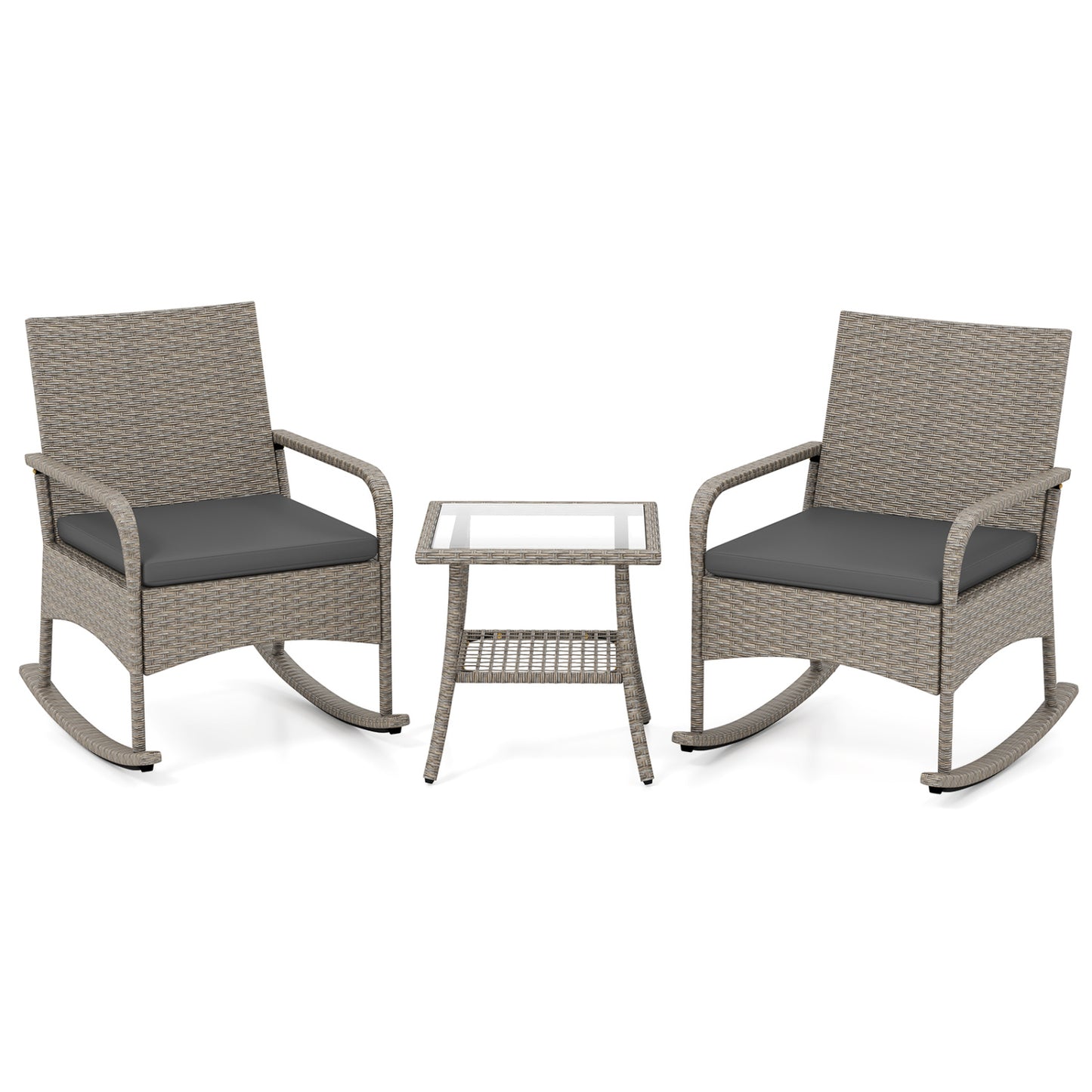 3-Piece Wicker Rocking Bistro Set with Cushions - Gray
