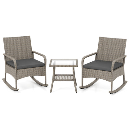 3-Piece Wicker Rocking Bistro Set with Cushions - Gray