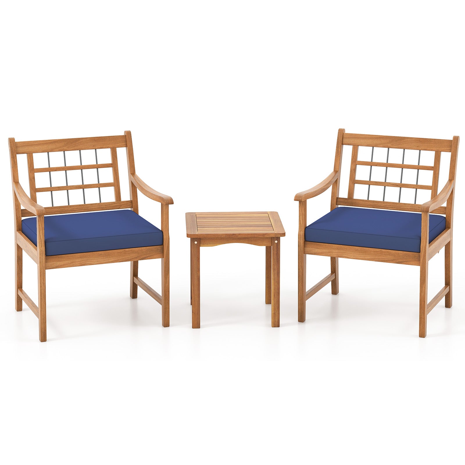 3 Piece Wood Patio Furniture Set with Seat Cushions and Acacia Wood Frame-Navy - Navy