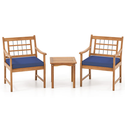 3 Piece Wood Patio Furniture Set with Seat Cushions and Acacia Wood Frame-Navy - Navy