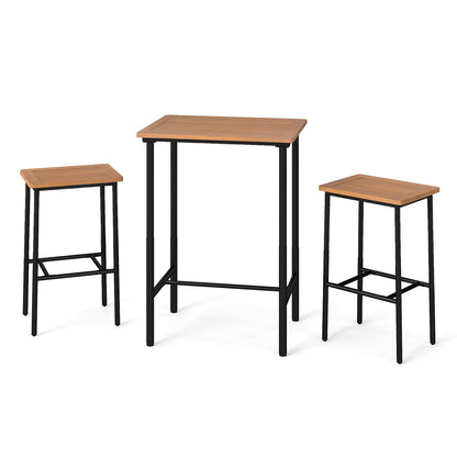3 Pieces Acacia Wood Patio Bar Set Rectangular Table with Metal Frame
