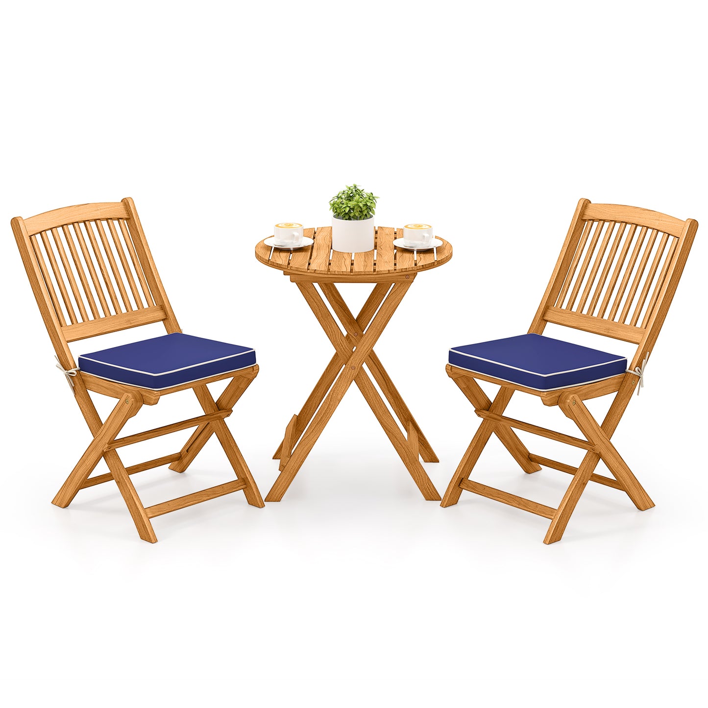 3 Pieces Acacia Wood Patio Folding Bistro Set with Soft Cushions-Navy - Navy