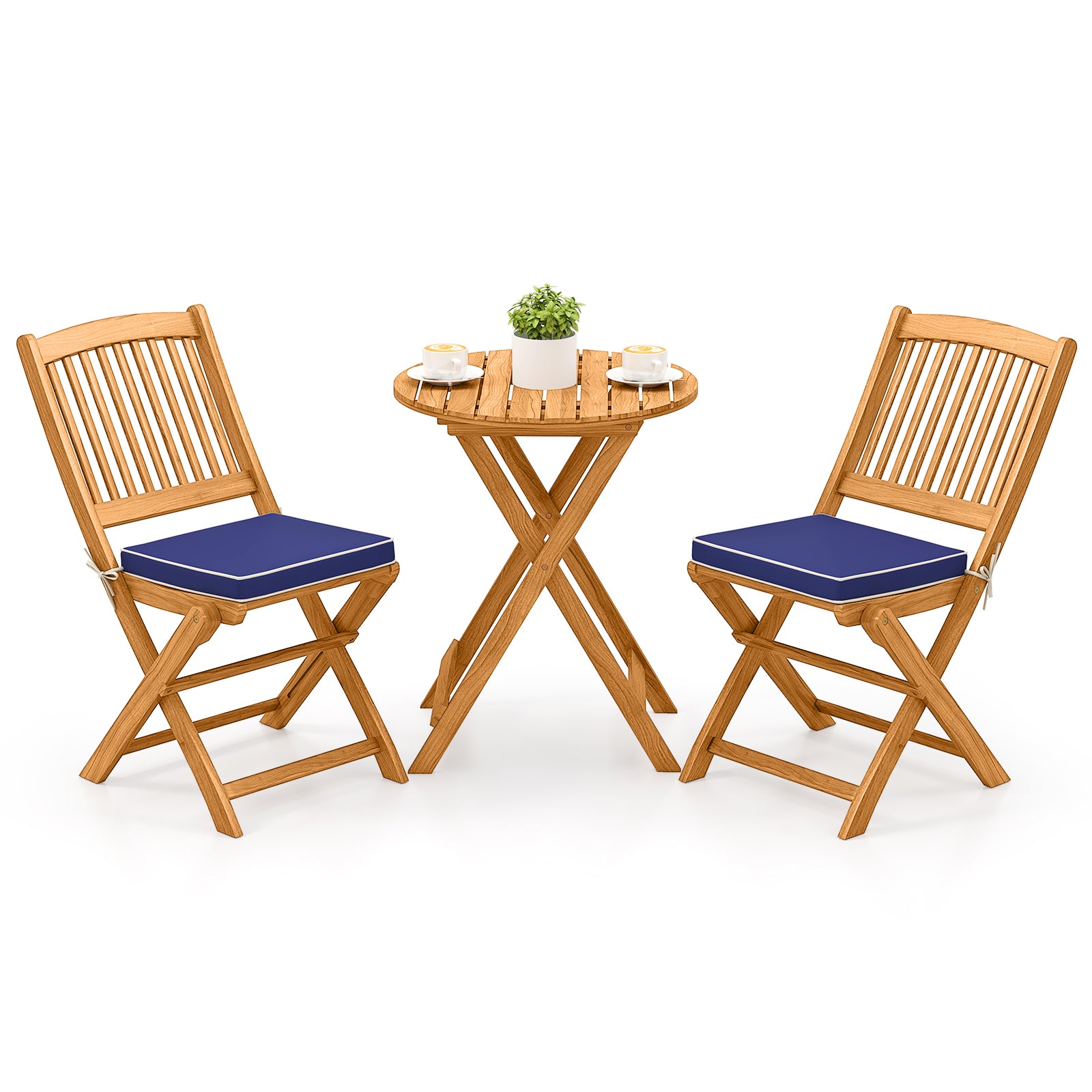 3 Pieces Acacia Wood Patio Folding Bistro Set with Soft Cushions-Navy - Navy