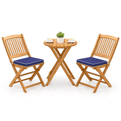 3 Pieces Acacia Wood Patio Folding Bistro Set with Soft Cushions-Navy - Navy