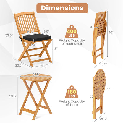 3-Piece Acacia Wood Folding Bistro Set with Cushions