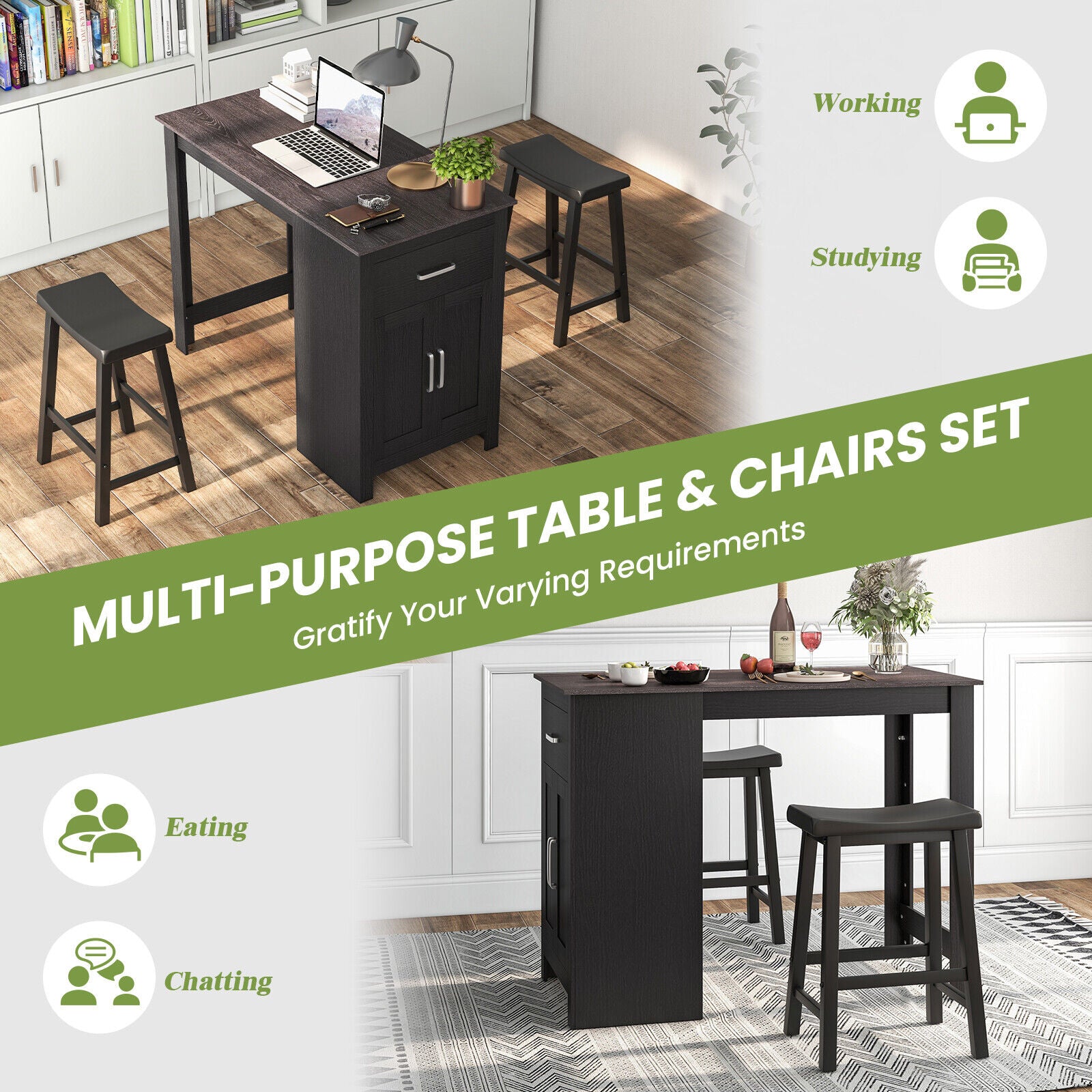 3-Piece Bar Table Set for 2 with 2 Saddle Stools for Dining Room-Black