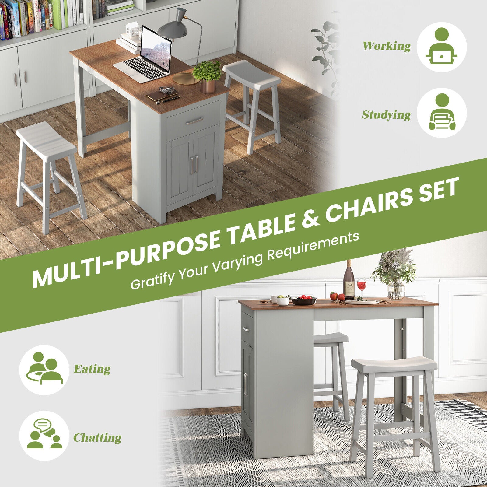 3-Piece Bar Table Set for 2 with 2 Saddle Stools for Dining Room-Gray