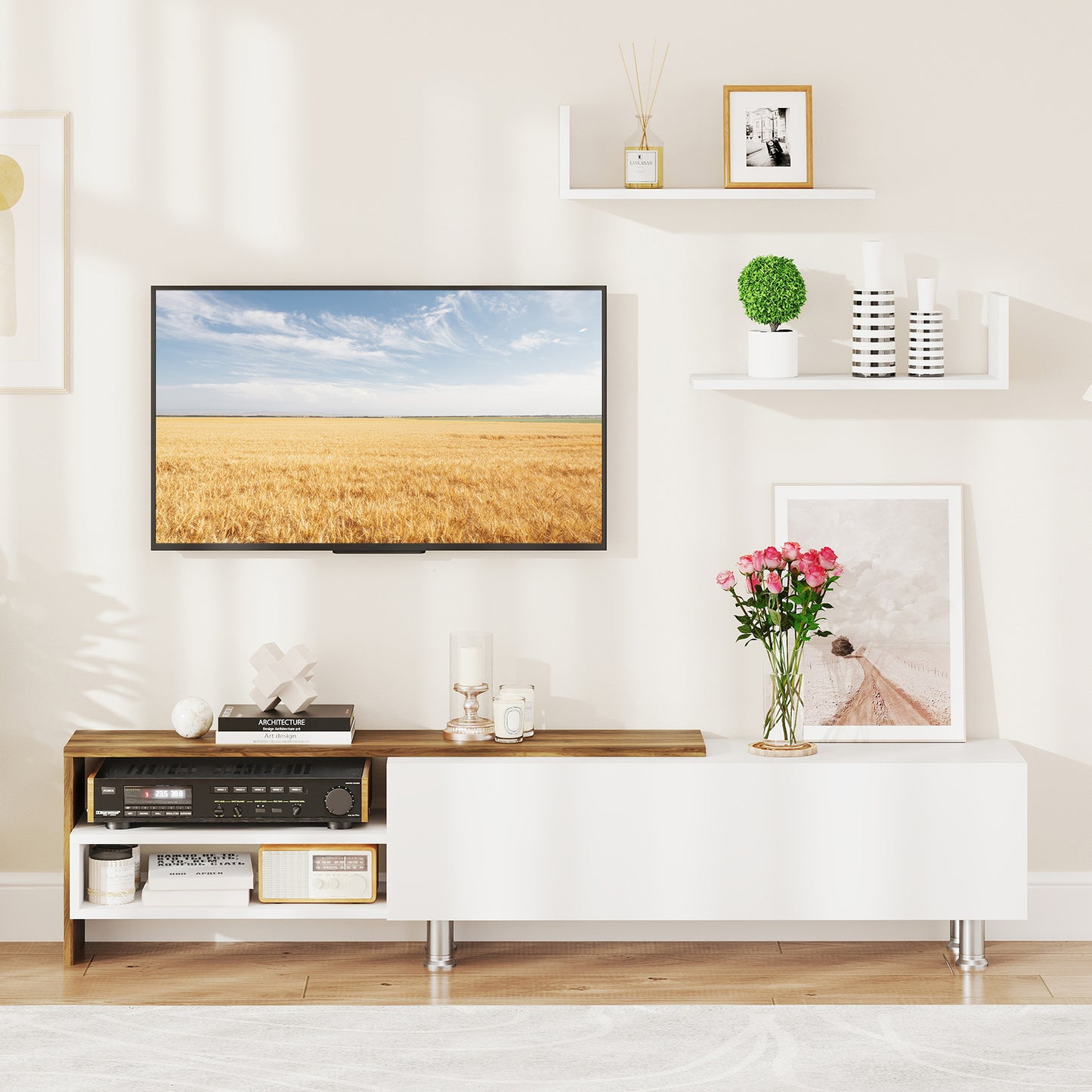 3 Pieces Farmhouse TV Stand for TVs up to 80 Inch with Cabinet and Compartments-White