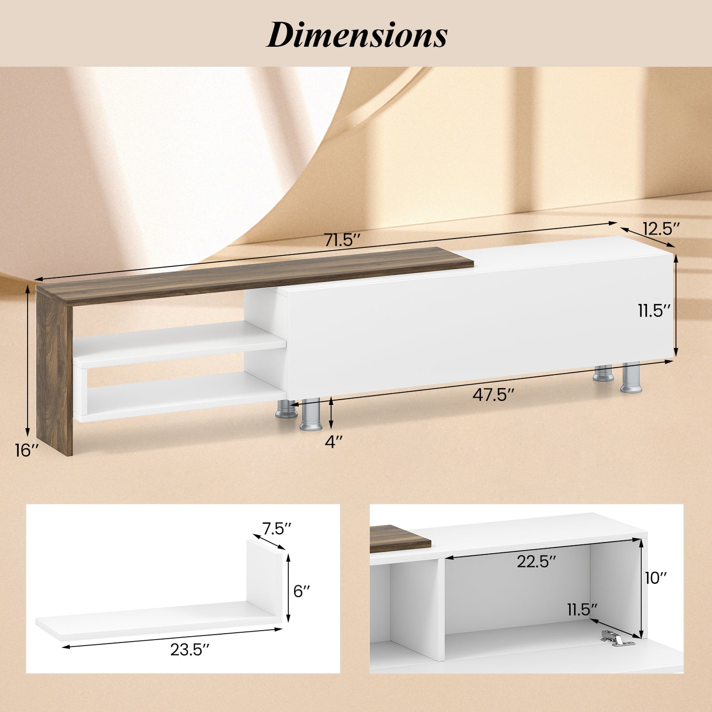 3 Pieces Farmhouse TV Stand for TVs up to 80 Inch with Cabinet and Compartments-White