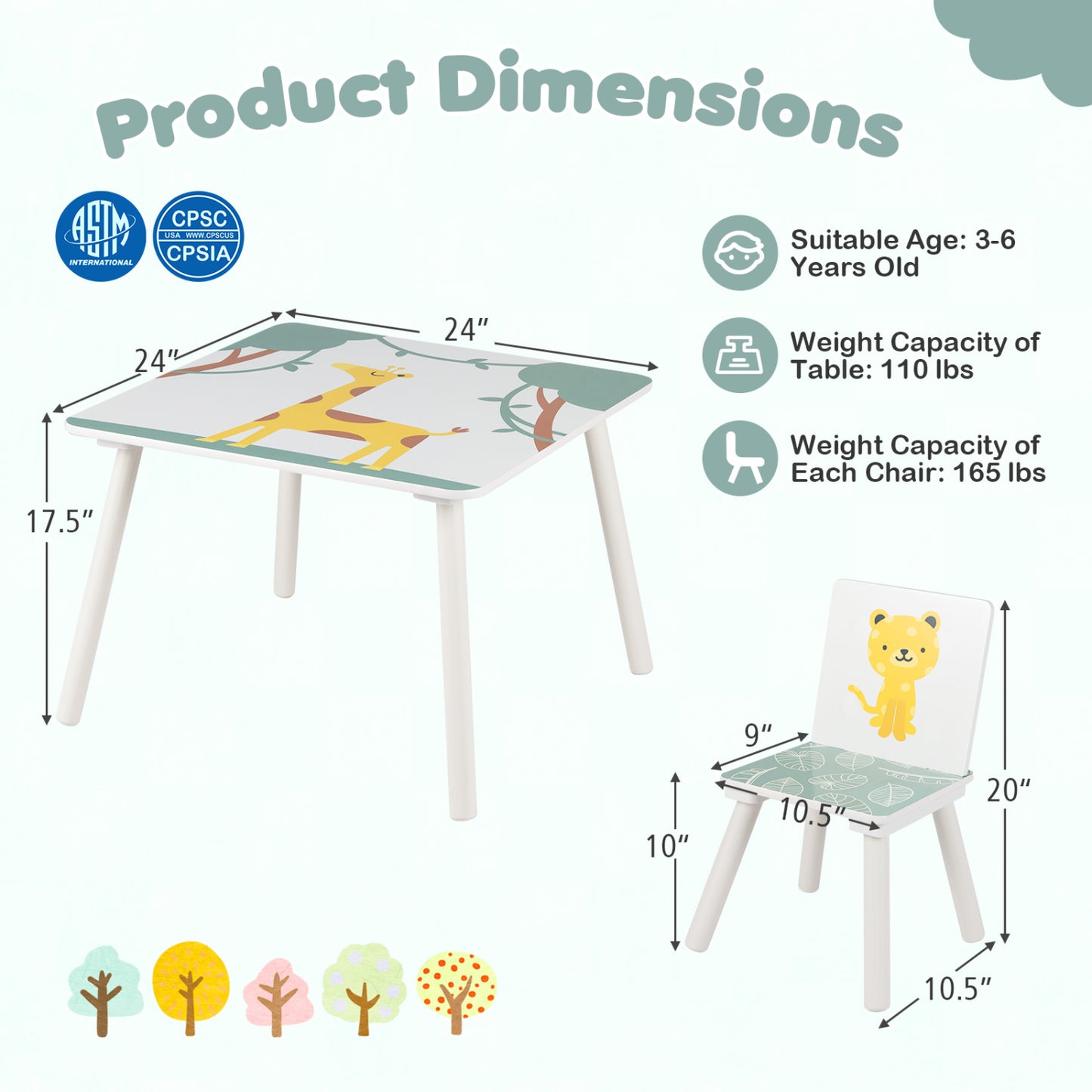 Kids Table and Chair Set with Animal Patterns (3-Piece)