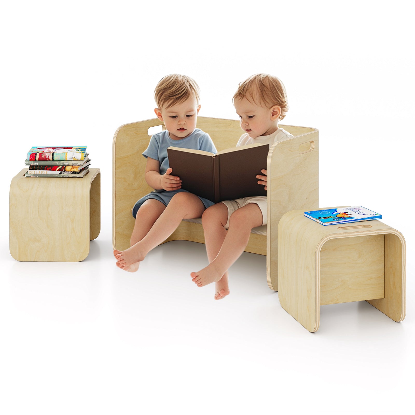 3 Pieces Kids Wooden Table and Chair Set-Gray - Natural