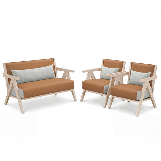 3 Pieces Living Room Furniture Set with Rubber Wood Frame