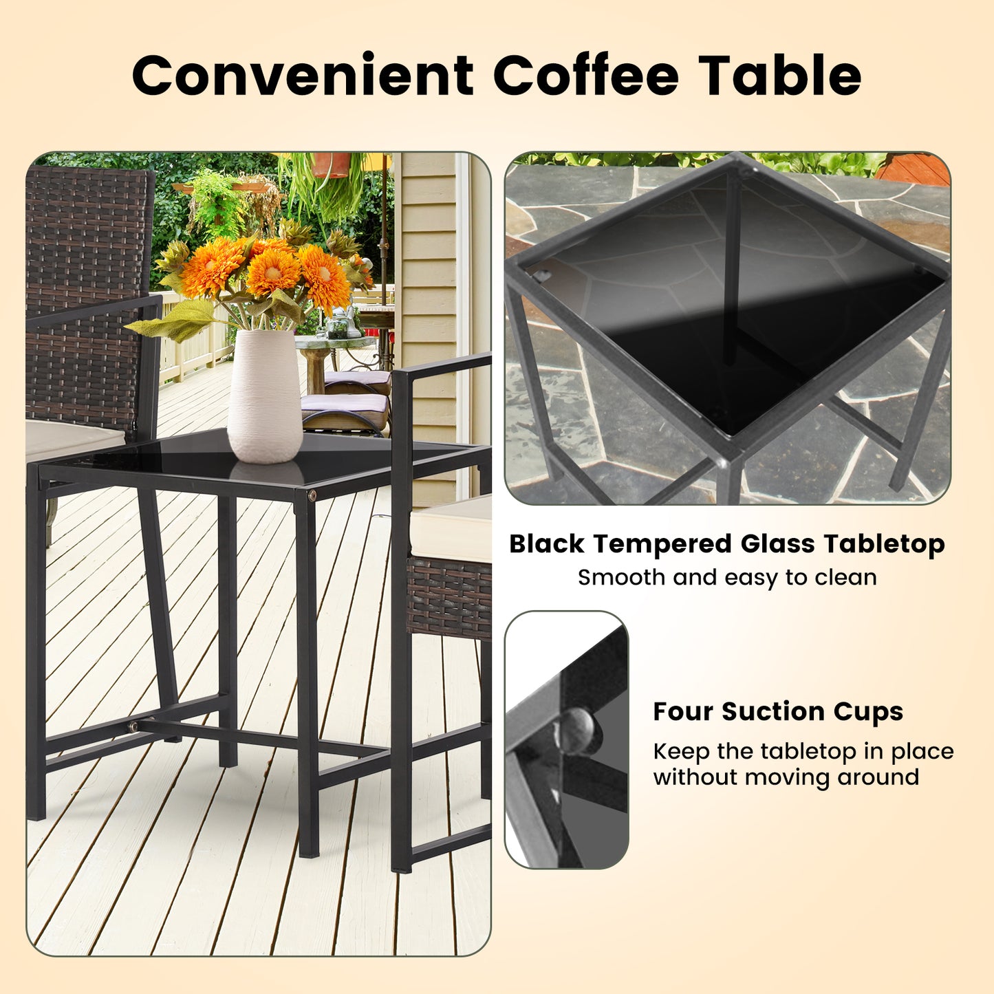 3 Pieces Modern Heavy Duty Patio Furniture Set with Coffee Table-Off White - Off White