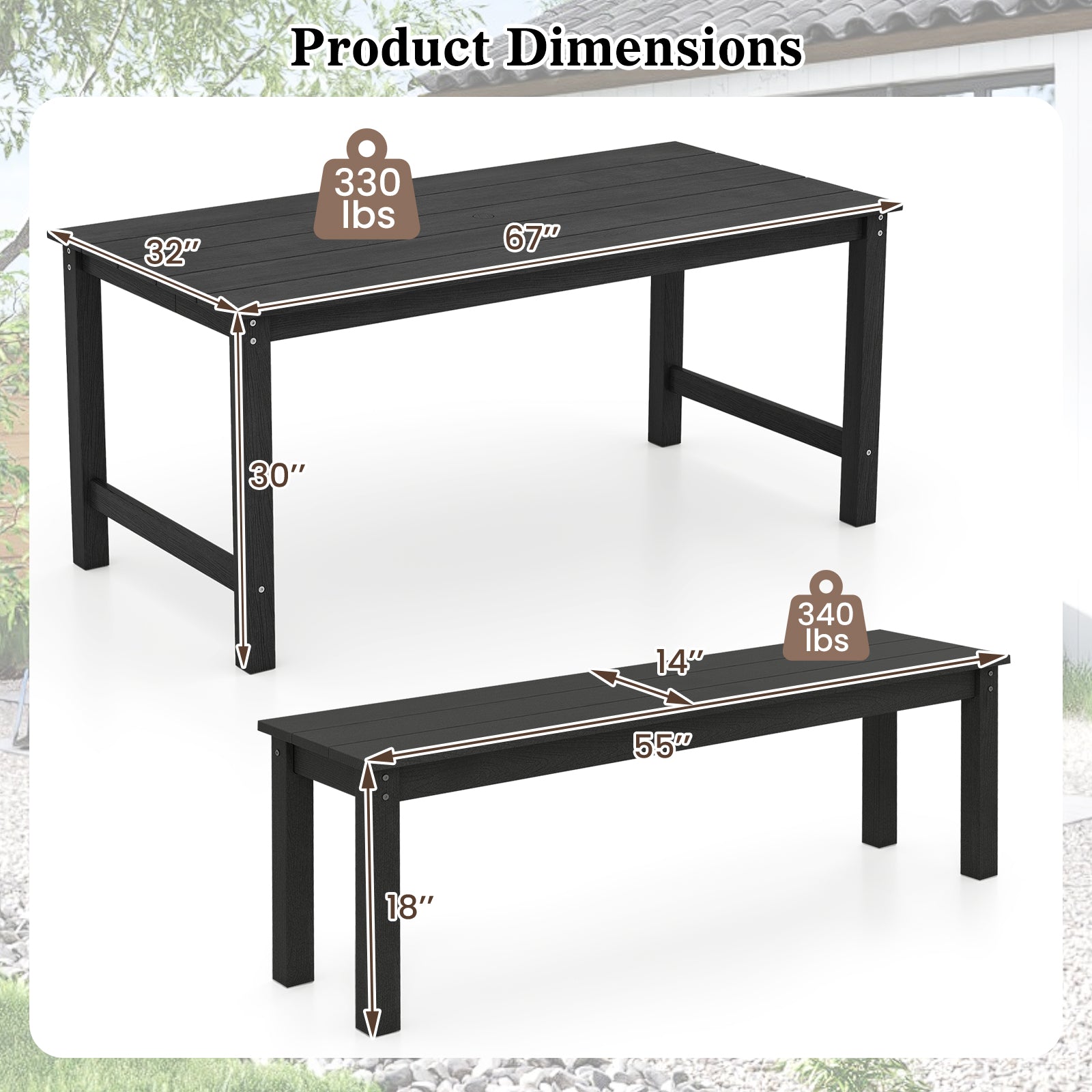 3 Pieces Outdoor Dining Table Set with 2 Benches-Black