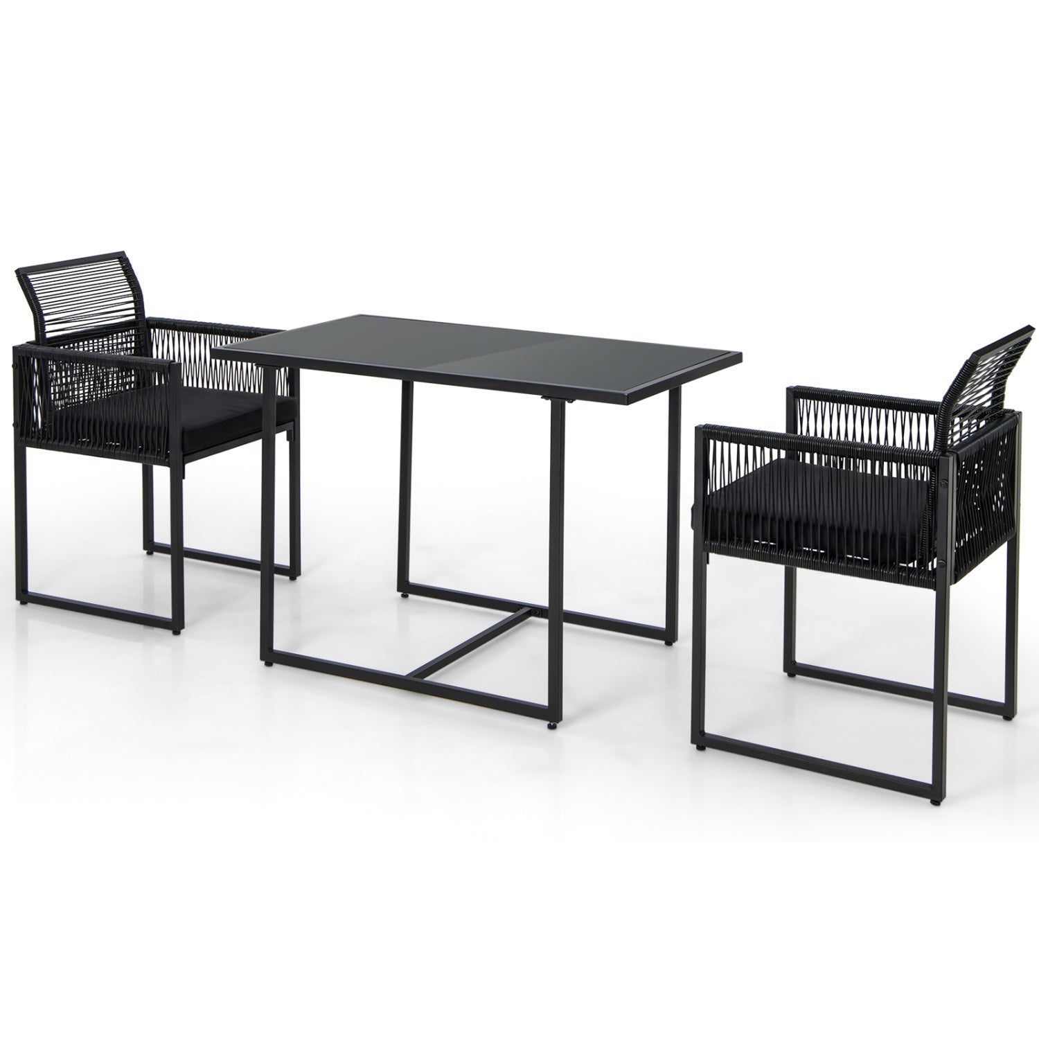 3 Pieces Outdoor Dining Set with Folding Backrest and Seat Cushion-Black - Black
