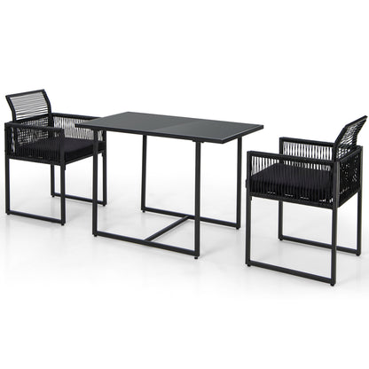 3 Pieces Outdoor Dining Set with Folding Backrest and Seat Cushion-Black - Black