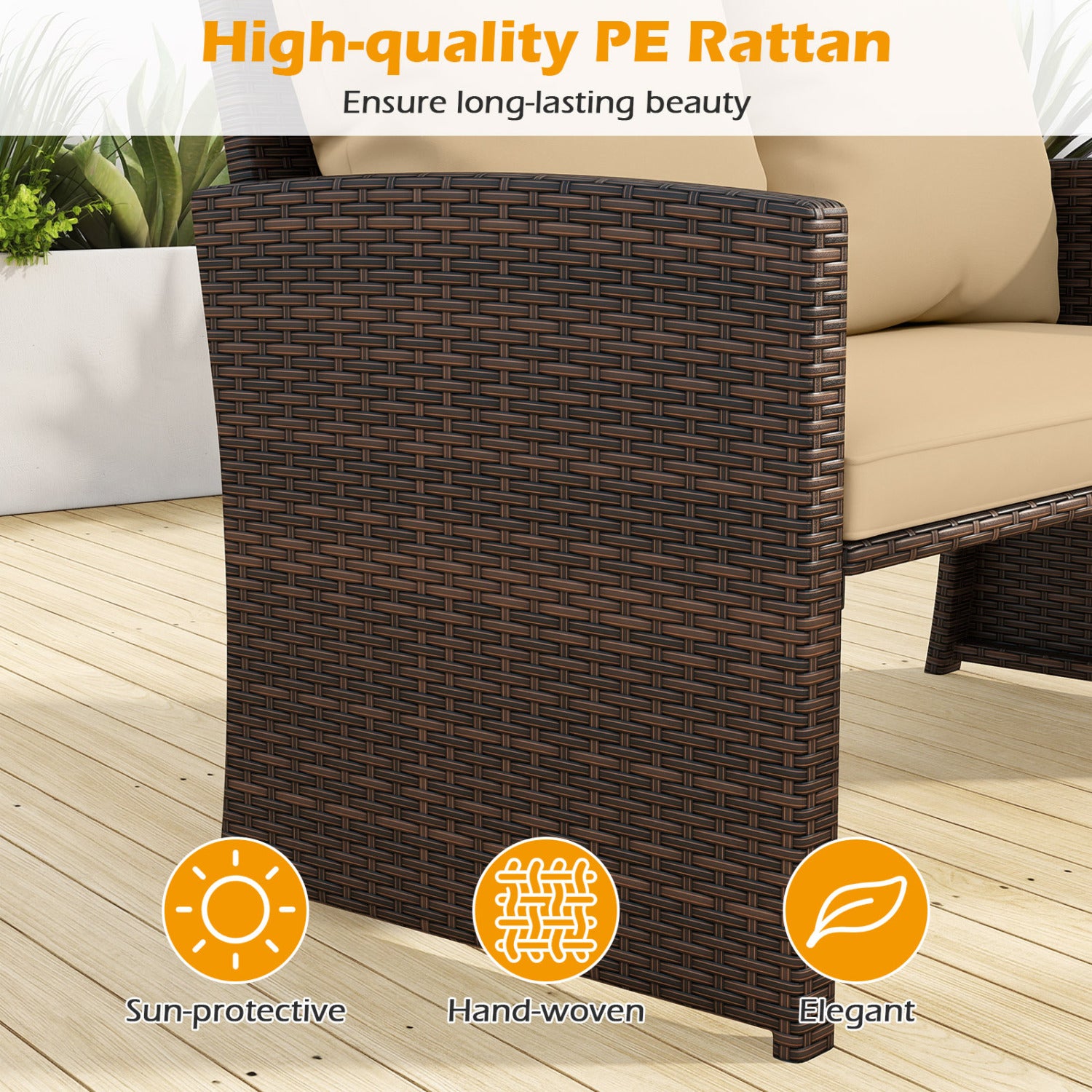 3 Pieces Outdoor Patio PE Wicker Furniture Set with Cushions-Beige