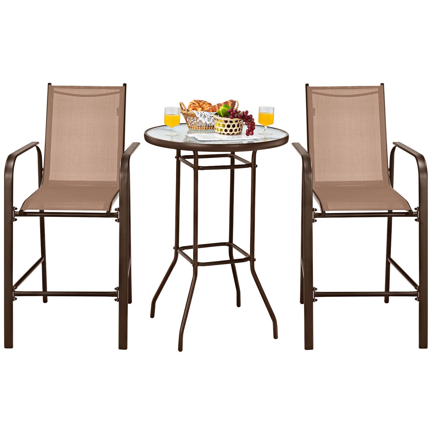 3 Pieces Outdoor Patio Bar Table Stool Set-Black - Brown