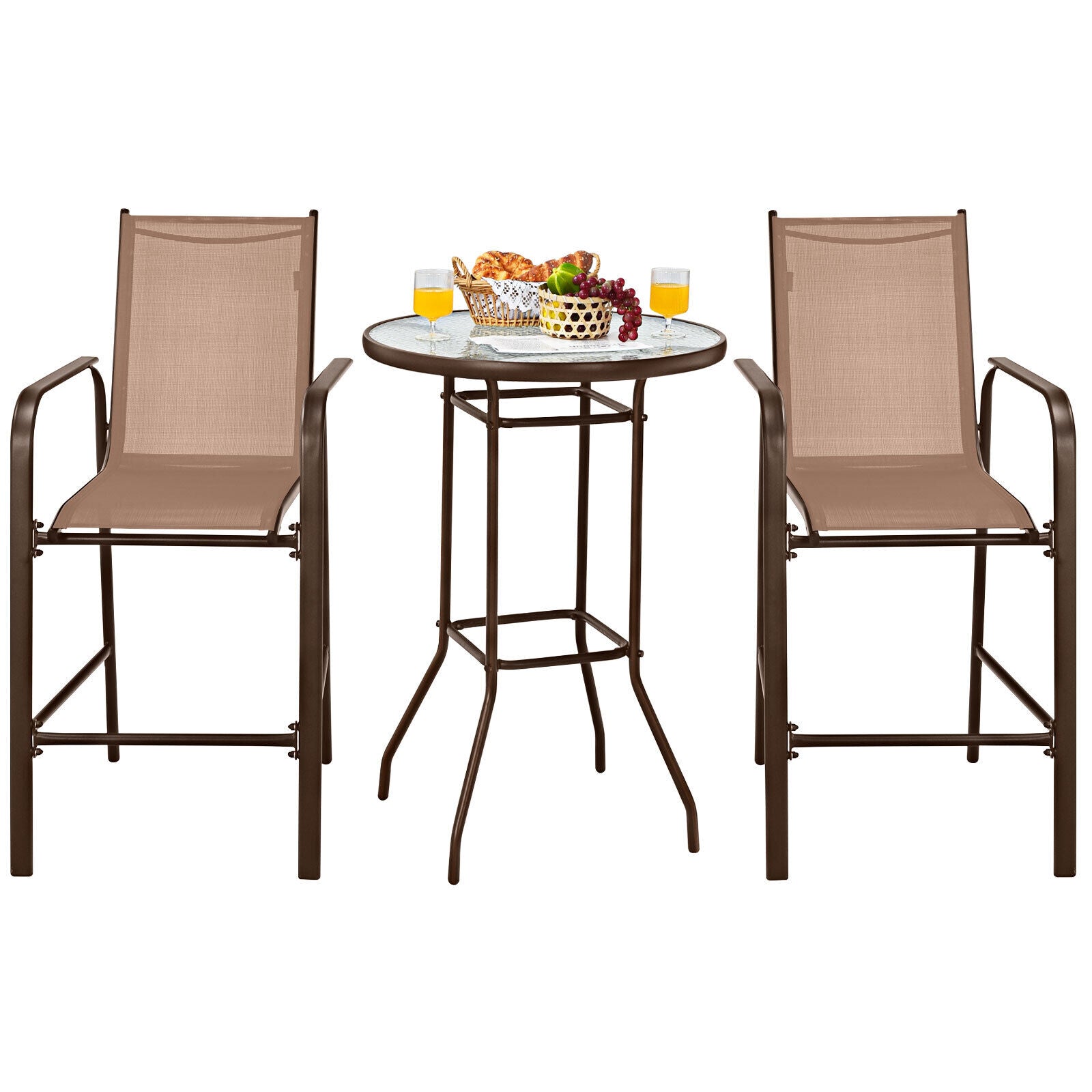 3 Pieces Outdoor Patio Bar Table Stool Set-Black - Brown
