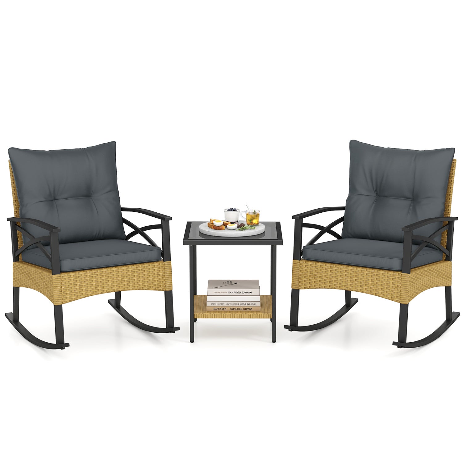 3 Pieces Outdoor Rattan Rocking Chairs Set with 2-Tier Side Table for Garden Backyard-Gray