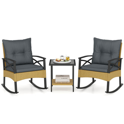 3 Pieces Outdoor Rattan Rocking Chairs Set with 2-Tier Side Table for Garden Backyard-Gray