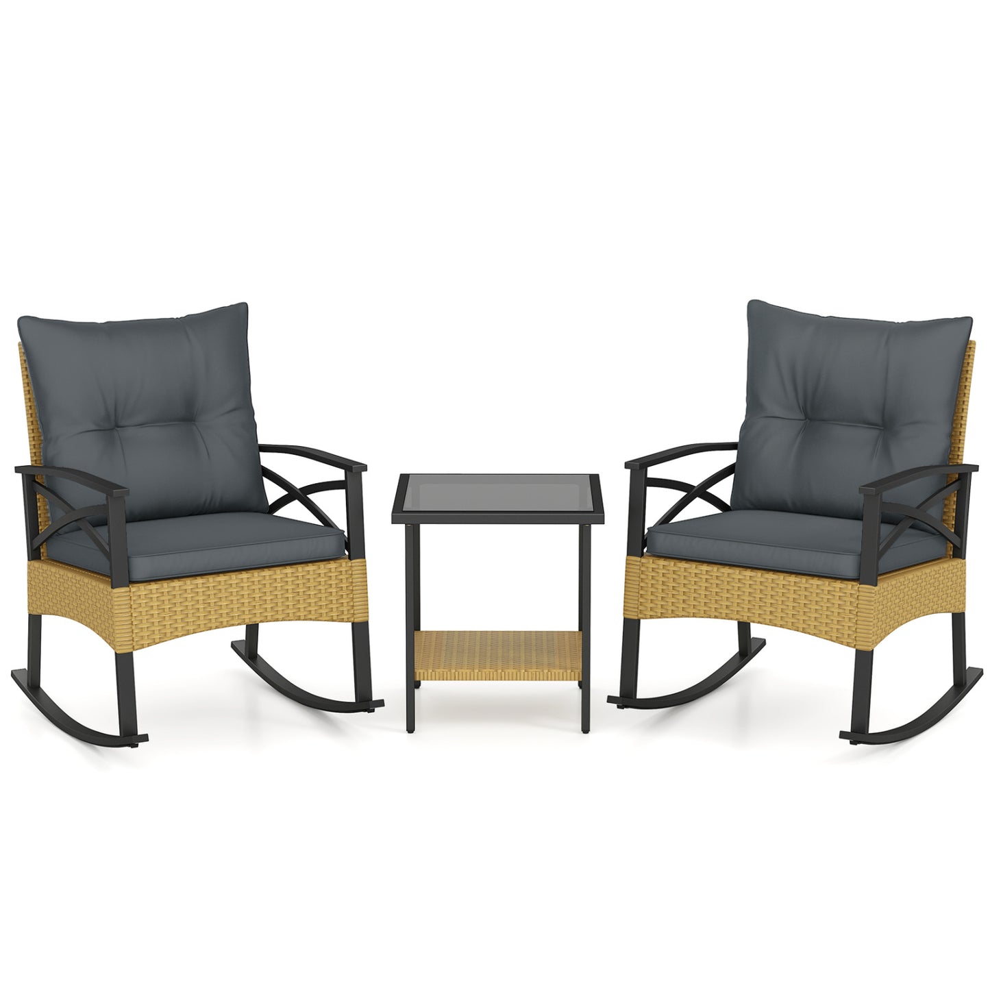 3 Pieces Outdoor Rattan Rocking Chairs Set with 2-Tier Side Table for Garden Backyard-Gray