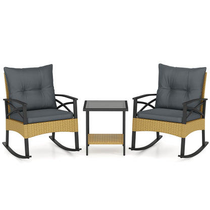 3 Pieces Outdoor Rattan Rocking Chairs Set with 2-Tier Side Table for Garden Backyard-Gray