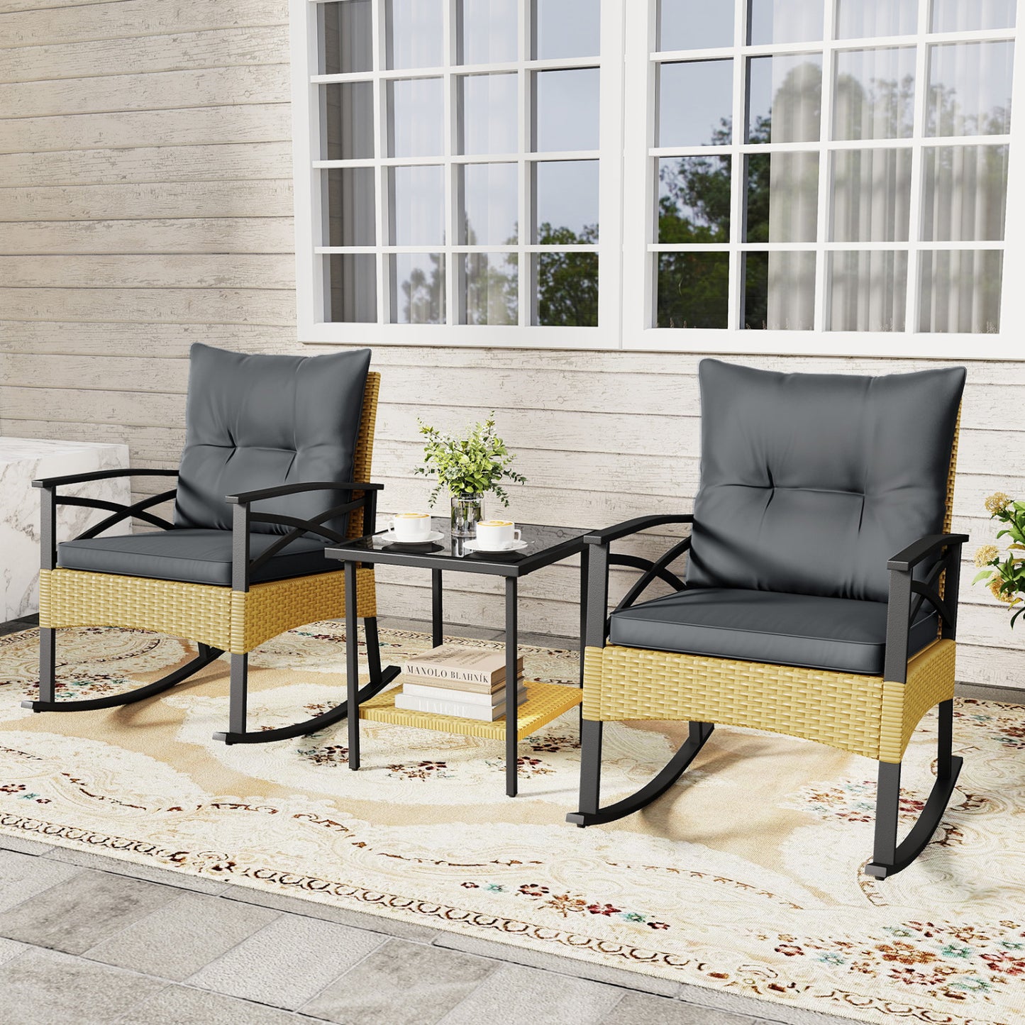 3 Pieces Outdoor Rattan Rocking Chairs Set with 2-Tier Side Table for Garden Backyard-Gray