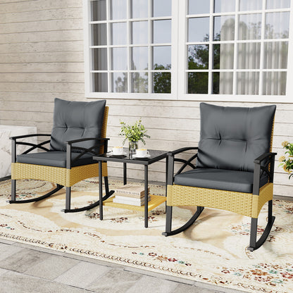 3 Pieces Outdoor Rattan Rocking Chairs Set with 2-Tier Side Table for Garden Backyard-Gray