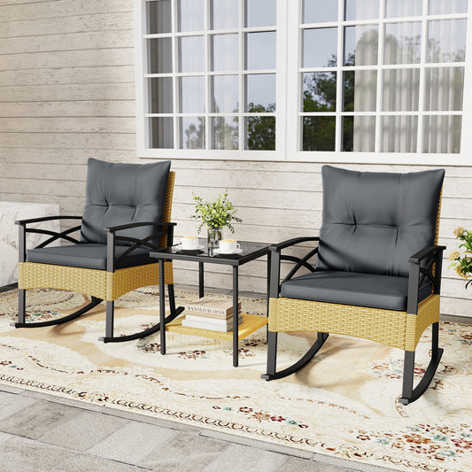 3 Pieces Outdoor Rattan Rocking Chairs Set with 2-Tier Side Table for Garden Backyard-Gray