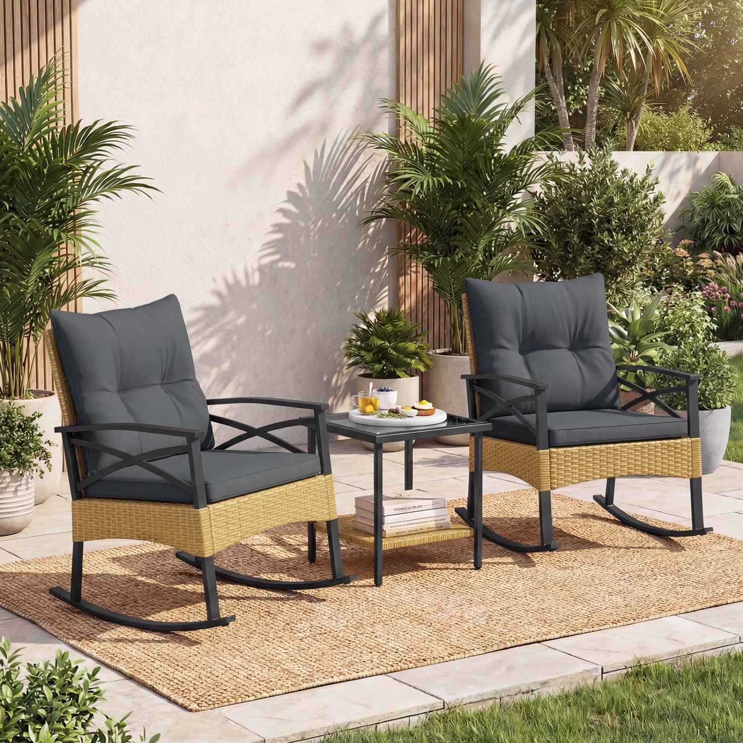 3 Pieces Outdoor Rattan Rocking Chairs Set with 2-Tier Side Table for Garden Backyard-Gray
