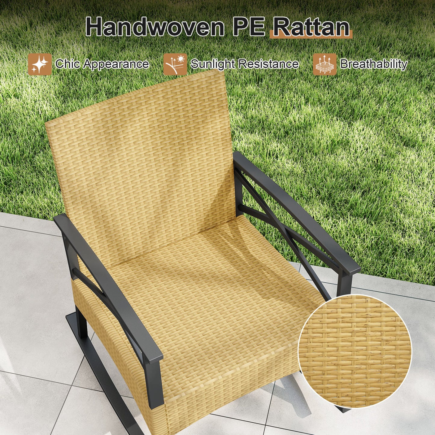 3 Pieces Outdoor Rattan Rocking Chairs Set with 2-Tier Side Table for Garden Backyard-Gray