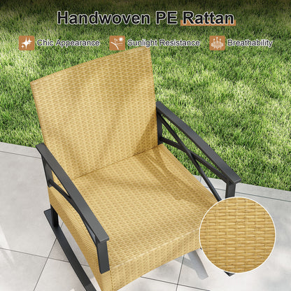 3 Pieces Outdoor Rattan Rocking Chairs Set with 2-Tier Side Table for Garden Backyard-Gray