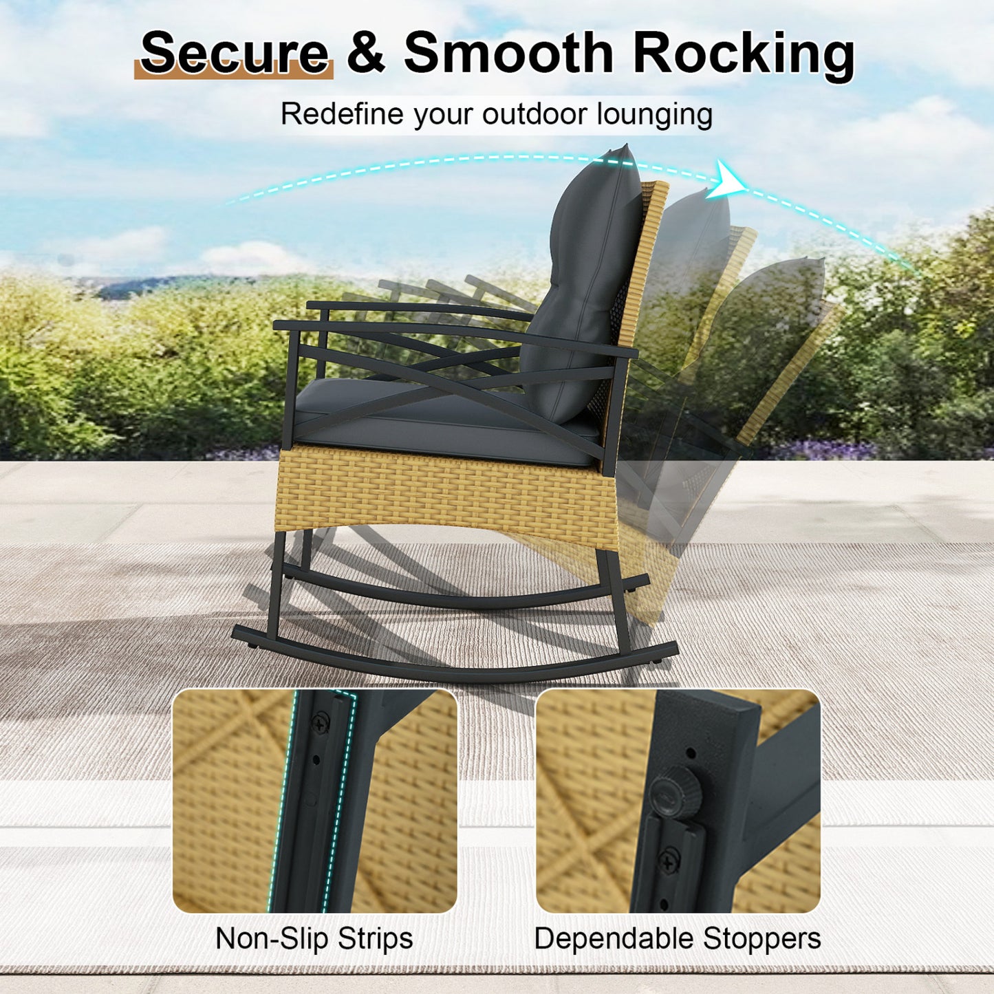 3 Pieces Outdoor Rattan Rocking Chairs Set with 2-Tier Side Table for Garden Backyard-Gray
