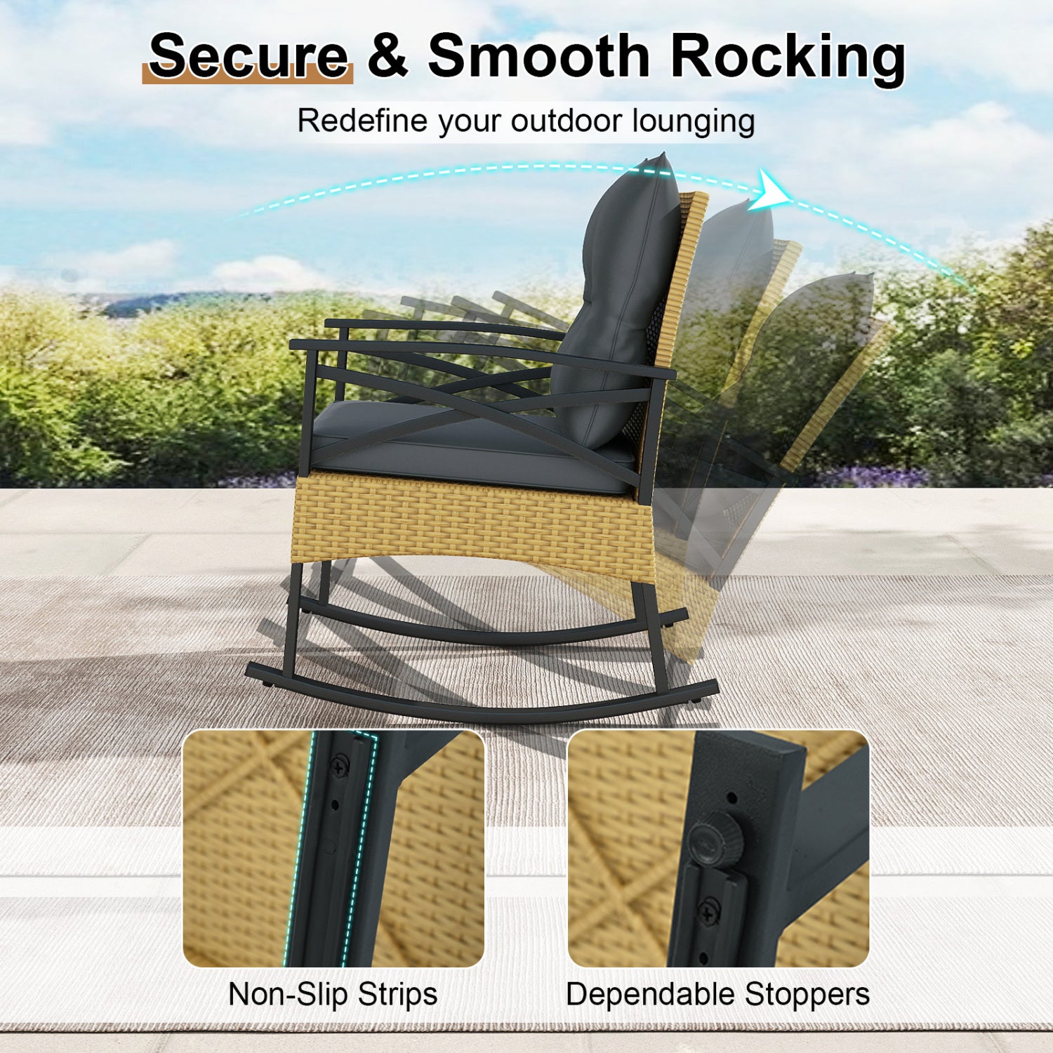 3 Pieces Outdoor Rattan Rocking Chairs Set with 2-Tier Side Table for Garden Backyard-Gray