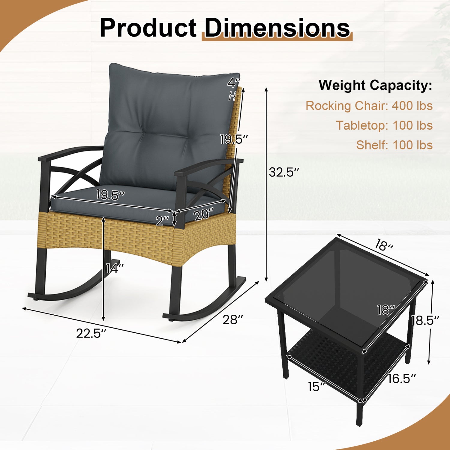 3 Pieces Outdoor Rattan Rocking Chairs Set with 2-Tier Side Table for Garden Backyard-Gray