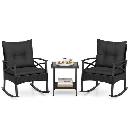 3 Pieces Outdoor Rattan Rocking Chairs Set with 2-Tier Side Table for Garden Backyard-Black