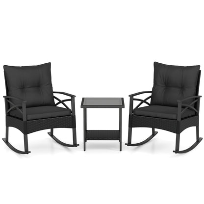 3 Pieces Outdoor Rattan Rocking Chairs Set with 2-Tier Side Table for Garden Backyard-Black